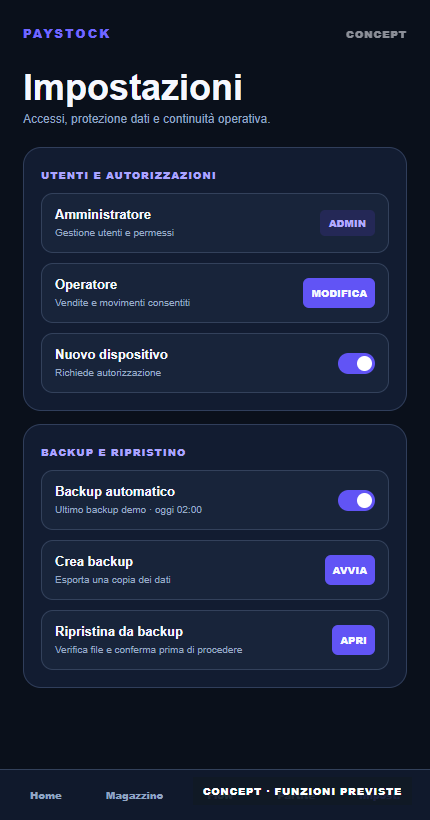 Concept PayStock delle impostazioni per autorizzazioni e backup